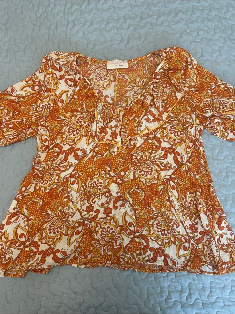 Sugarfox Orange & Yellow Floral Print Ruffle Neck Short Sleeve Women’s Blouse